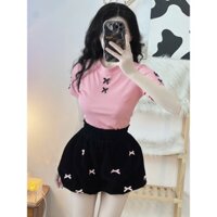 Set áo tăm lạnh đính nơ dáng dài và quần nhung bí đính nơ S187