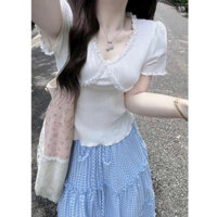 Set áo tăm lạnh phối ren mẫu tiểu thư + chân váy caro xốp  mặc đi chơi