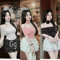Set áo tăm trễ vai tay ngắn kèm hoa cổ mix chân váy voan tầng sang chảnh