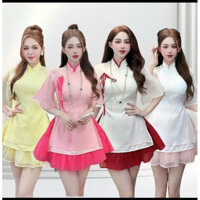 Sét áo tàu vải tơ + chân váy ngắn xòe (có quần)  mặc Tết