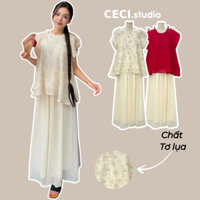 Sét Áo Tay Cánh Tiên Cổ Tròn Đính Nơ Kèm Chân Váy Tơ Xoè Dáng Dài, Set Váy Nữ Xoè Trẻ Trung Xinh Xắn- CECI.studio - S260