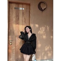 Set áo tay dài cánh tiên , cổ V kèm chân váy 2 tầng phối ren