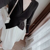 SÉT ÁO TAY DÀI CHÉO NGỰC CHÂN VÁY VOAN DÀI 2 LỚP