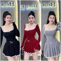 Set áo tay dài cổ vuông phối màu đính nơ dáng ngắn ôm body kèm chân váy xếp ly xòe tiểu thư. Chất thun tăm lạnh A45