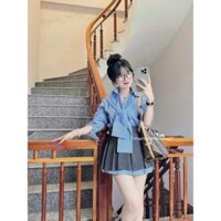 Sét áo tay dài kate kẻ carô chân váy xếp ly có quần trong cực xinh xắn dễ thương