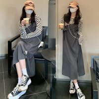 Set Áo Tay Dài Kẻ Sọc + Váy Yếm Xẻ Tà Trẻ Trung Hợp Thời Trang Cho Bạn Gái
