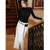 Set áo tay dài ôm body kèm chân váy xẻ vạt dây hoa cực xinh phong cách tiểu thư dễ thương đầm tết sang chảnh cho nữ