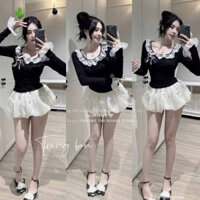 Set áo tay dài phối ren chân váy bí