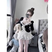Sét áo tay dài viền bèo phối ren chân váy trắng xoè màu sắc đỏ, đen freesize dưới 55kg Nữ Women Dress Top Thun