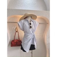 set áo tay hến cột dây eo quần short kaki đen laviecloset