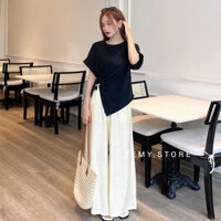 Set áo tay hến xẻ tà lệch khuy ngọc mix kèm quần culottes ống suông rộng chất đũi
