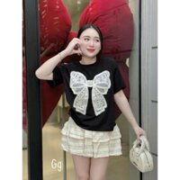 Sét áo tay ngắn thun Gân tăm và chân váy Ren 2 tầng có quần trong