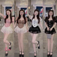 Set áo tay phồng bèo nơ chân váy tầng