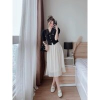 Set áo tay phồng cài nút kèm chân váy voan xòe dài