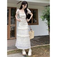 Set Áo Tay Phồng Ngắn Bèo Nhún, Chân Váy Ren Cạp Cao Mẫu Mới Cho Nữ