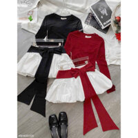 Sét Áo TD cổ tròn TAY HOA + Chân váy NƠ DÀI MÀU QT dáng ngắn xoè siêu xinh đi chơi nhảy múa nữ - Thiên yết