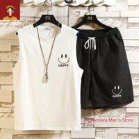 Set Áo Thun Ba Lỗ + Quần Short In Hình Mặt Cười Plus Size Thời Trang Mùa Hè Cho Nam
