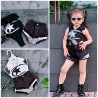 Set Áo Thun Balo Sát Nách Phối Quần Đùi Jean Rách Xẻ Cá Tính Cho Bé Gái