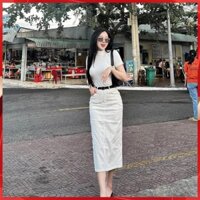 Set áo thun + chân váy dài có kèm đai phong cách trẻ trung hàn quốc