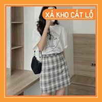 Set áo thun cô gái mix chân váy kẻ có quần trong caro trắng đen - Set bộ nữ thời trang freesize [ Deal khủng ]