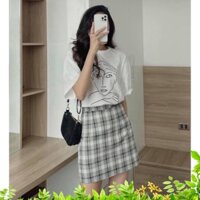 Set áo thun cô gái mix chân váy kẻ có quần trong caro trắng đen - Set bộ nữ thời trang freesize - Lisa.m.Store