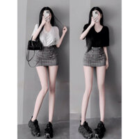 Sét Áo Thun Cổ Tim Mix Chân Váy Kẻ Chữ A Đính Khuy Mặc Đi Chơi Dự Tiệc Sang Chảnh
