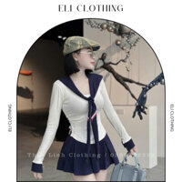 SET ÁO THUN CỔ TIM TAY DÀI KÈM KHĂN THUỶ THỦ MIX VÁY XẾP LY