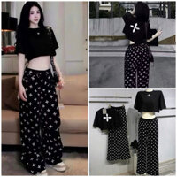 Set Áo Thun Croptop Phối Quần Suông Chữ Thập❤️ Bộ Đồ Nữ Chất Nỉ Mì Tôn Dáng