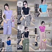Sét áo thun croptop tay ngắn ôm body cổ tròn kèm quần caro nhung siêu tôn dáng chỉ còn 2 màu