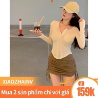Set Áo Thun Dài Tay + Chân Váy Lưng Cao Dây Rút Thời Trang Nữ