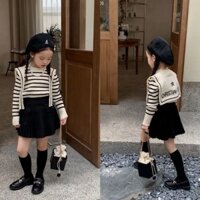 Set Áo Thun Dài Tay Sọc Ngang + Chân Váy Xếp Ly Thời Trang Dành Cho Bé Gái