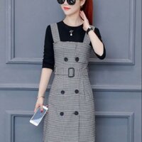 Sét áo thun đầm yếm caro kèm nịt
