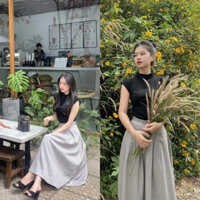 Set Áo Thun Đen Tay Hến Mix Chân Váy Xám Xếp Li Dáng Dài Thanh Lịch, Set Bộ Đồ Nữ Công Sở Áo Body Cánh Dơi Mix Chân Váy