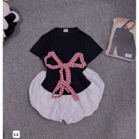 set áo thun đính dây nơ carro dây dài kèm quần đùi bí bồng ls