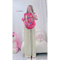 Set áo thun form rộng hình gấu phối tay ren + quần suông dễ thương ( ảnh thật )