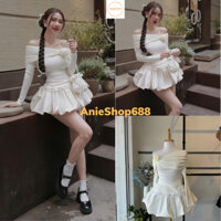 Set Áo Thun Gân Dáng Bẹt Vai May Nhúm Kèm Hoa Cài Phối Viền Ren + Chân Váy Xoè Phồng