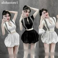 set áo thun gân dây kéo sọc 2 đường trước kèm quần đùi bí xinh về 2 màu trắng, đen alohastore1