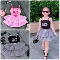 Set Áo Thun Hai Dây Chân Váy Tầng Caro Có Lót Trong Dễ Thương