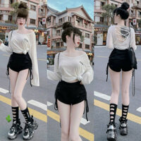 set áo thun hở lưng dây chéo form rộng kèm quần tăm rút dây 2 bên