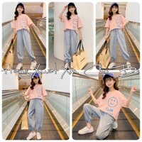 SET ÁO THUN HỒNG SỌC + QUẦN JEAN JOGGER LƯNG THUN