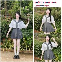 Set áo thun khăn choàng logo ngực cùng chân váy xếp ly nhỏ cạp cao hack dáng - 1989