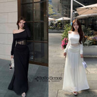 Set áo thun lệch vai phối eo ren + chân váy dài dáng xoè mềm mại