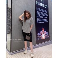 Set áo thun lụa sọc + đầm body borip