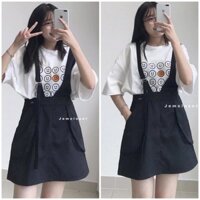 Set áo thun mặt cười váy yếm💖FREESHIP💖 Áo phông dáng rộng mix váy yếm phong cách thời trang AD110 - SARA SHOP