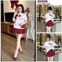 Set áo thun mèo nơ kity cùng chân váy chấm bi đỏ len đồ siêu xinh xắn dễ thương - ECCOO