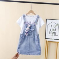 Set Áo Thun Ngắn Tay Và Váy Yếm Denim Phong Cách Hàn Quốc Cho Bé Gái 6-8 - 12-14 Tuổi