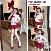 Set áo thun nơ mix chân váy chấm bi đỏ xếp ly, Set váy tiểu thư nữ tính xinh xắn - 1989