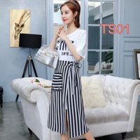 Set Áo Thun Nữ Tay Lửng Dáng Rộng và chân váy kẻ xẻ tà Phong Cách Hàn Quốc [ Ani fashion- kho chuyên si lẻ TS01]