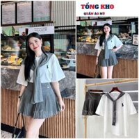 Set áo thun nữ thủy thủ kèm khăn choàng phối chân váy xếp ly trẻ trung thanh lịch - TONGKHO