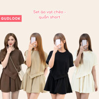 Set Áo Thun Nữ Vạt Chéo Cộc GUDLOOK Thun Tăm Kèm Quần Short Giả Váy Trẻ Trung Màu Basic Dễ Mặc